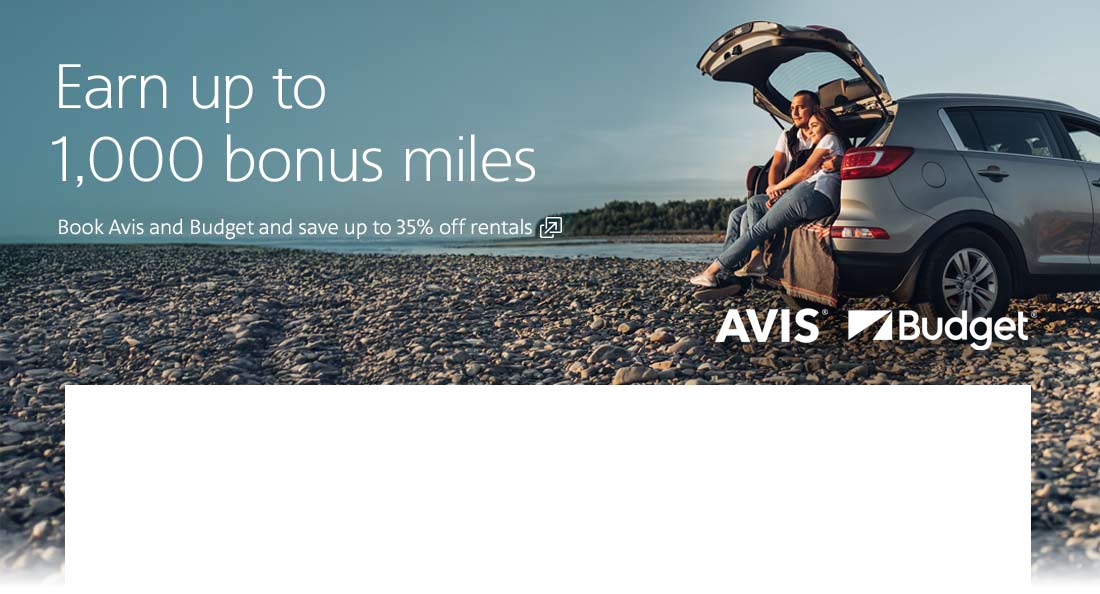 Earn up to 1,000 bonus miles. Book Avis and Budget and save up to 35% off rentals. Opens another site in a new window that may not meet accessibility guidelines.