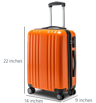 Carry-on baggage allowance is 22 inches high by 14 inches long by 9 inches wide