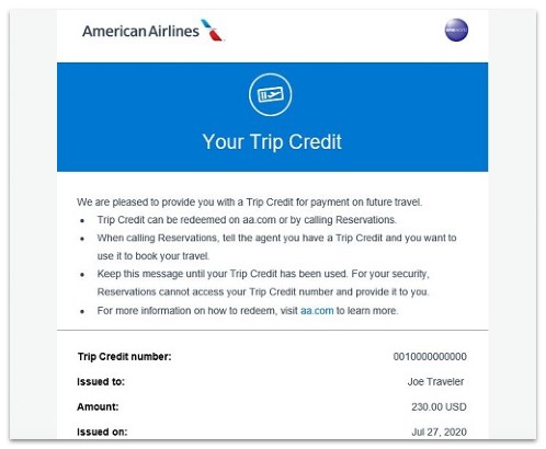 Trip credit email